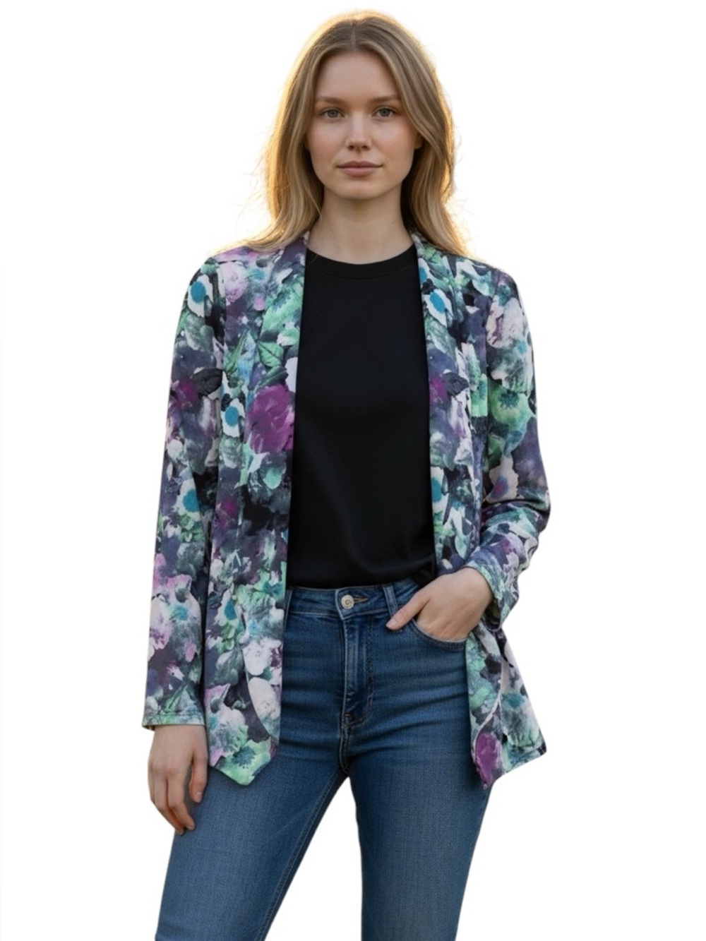 ASTR OPEN DRAPEY LIGHTWEIGHT CARDY FLORAL WATERCOLOR BLUE GREEN PINK BLAZER XS